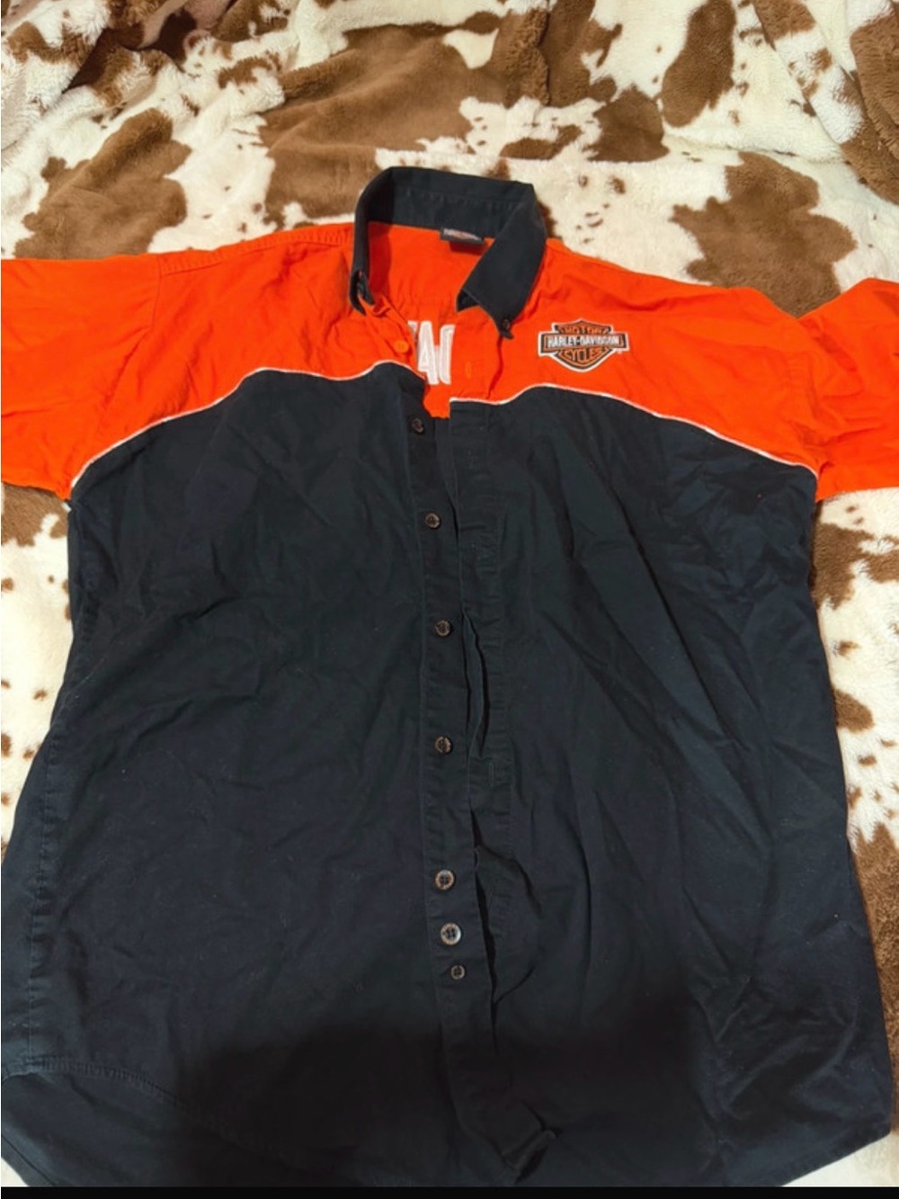 Harley-Davidson Orange and Black Short Sleeve Button-Down Shirt